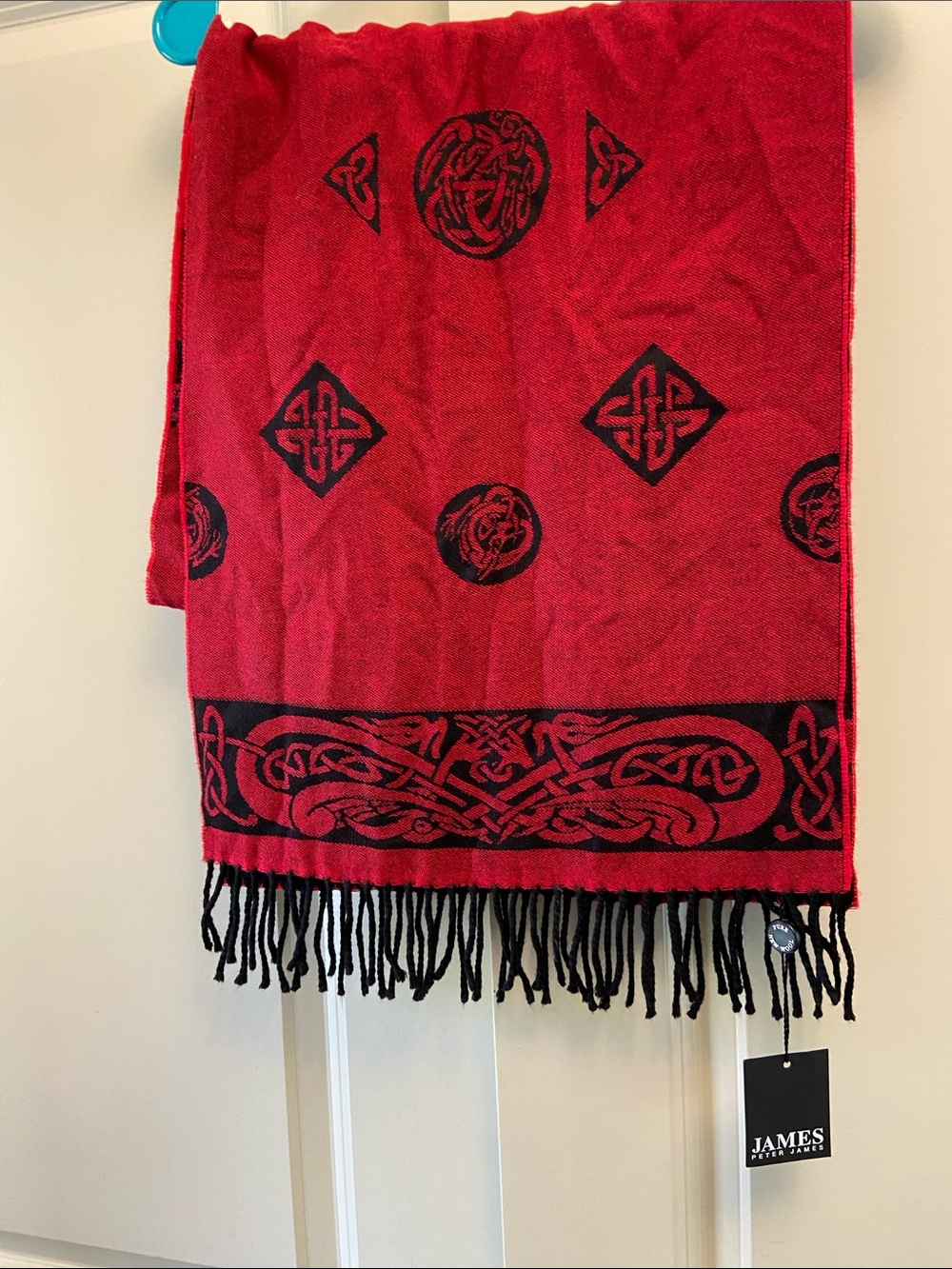 Peter James Red & Black Celtic Fringe Wrap Scarf